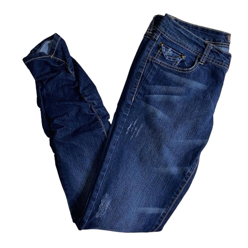 DISTRESSED BLUE DENIM SKINNY JEANS W/ RUCHED ANKLES · SIZE 9, FITS M - Picture 1 of 9